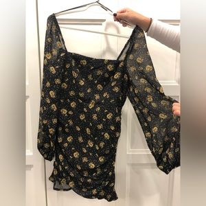 Princess Polly Black Dress with Yellow Floral Print - Long Sleeve Mini